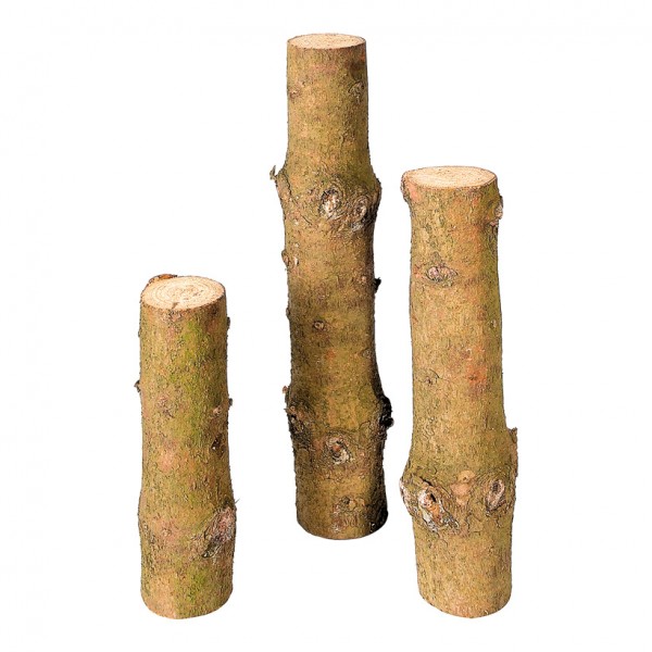 Baumstammpodeste, Ø 8-9cm, 30, 40+50cm, 3tlg., Holz mit Rinde
