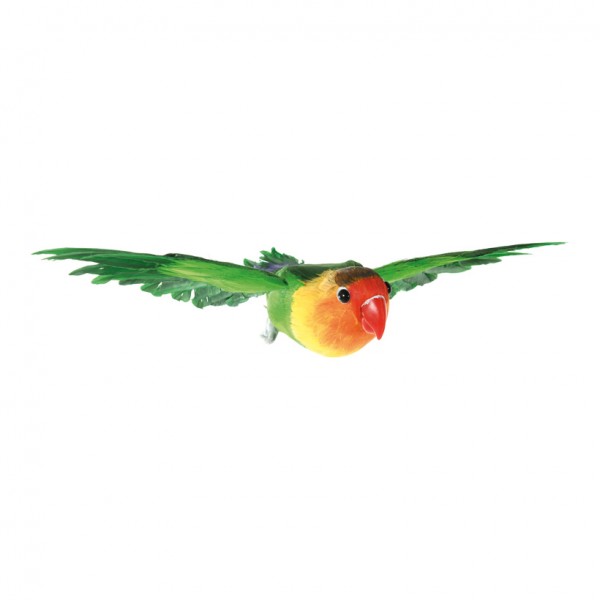 Papagei, 15x26x5cm fliegend, mit Nylonhänger, aus Styropor, mit Federn